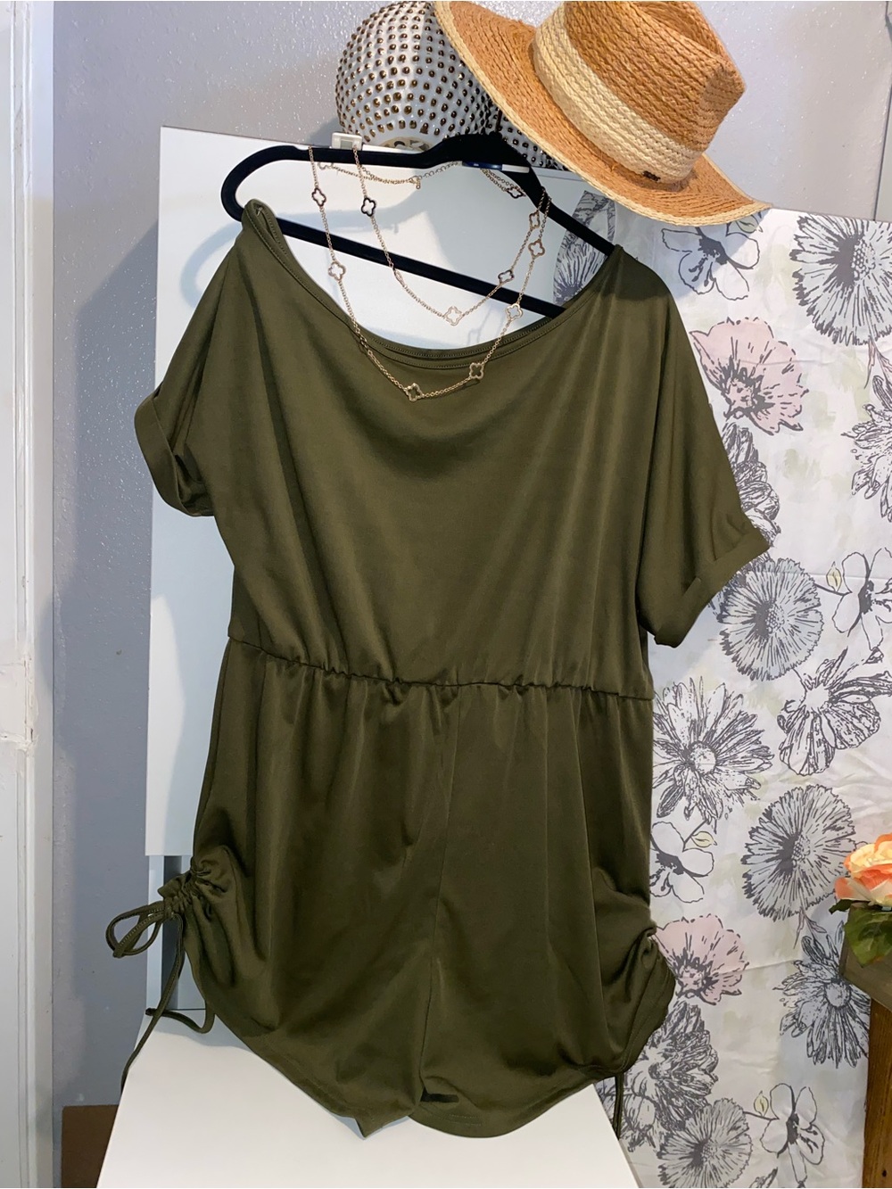 SHEIN Olive Green Short Sleeve Cinch-Waist Romper with Side Drawstring